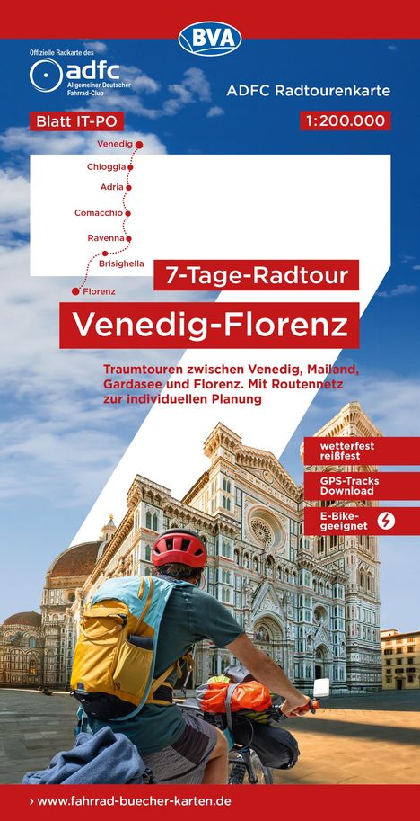 ADFC-Radtourenkarte IT-PO 7-Tage-Radtour Venedig-Florenz, 1:200.000, reiß- und wetterfest, E-Bike-geeignet, GPS-Tracks Download, mit Kilometer-Angaben, Karten