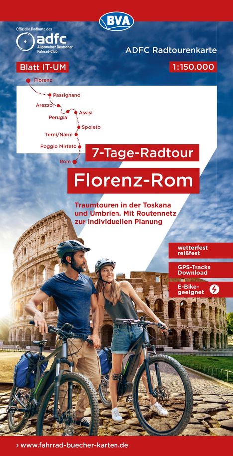 ADFC-Radtourenkarte IT-UM 7-Tage-Radtour Florenz-Rom, 1:150.000, reiß- und wetterfest, E-Bike geeignet, GPS-Tracks Download, mit Kilometerangaben, Karten