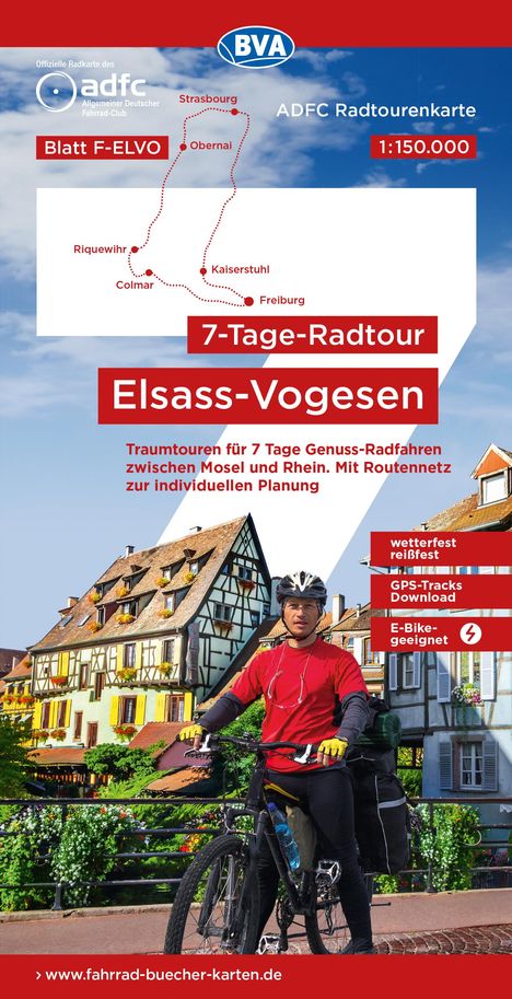 ADFC-Radtourenkarte F-ELVO 7-Tage-Radtour Elsass/Vogesen, 1:150.000, reiß- und wetterfest, E-Bike geeignet, GPS-Tracks Download, mit Kilometerangaben, Karten