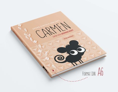 "CARMEN" und "OPER VON GEORGES BIZET" auf einem Buchcover mit Mausillustration und floralen Mustern. Format DIN A6.