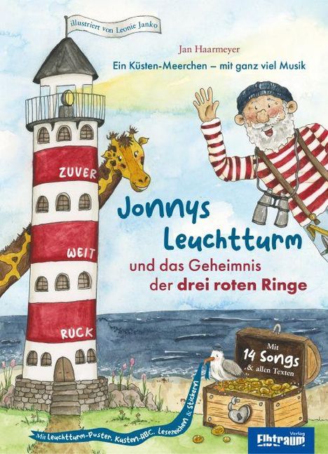 "Jonnys Leuchtturm und das Geheimnis der drei roten Ringe" zeigt einen Leuchtturm, eine Giraffe und einen winkenden Piraten.