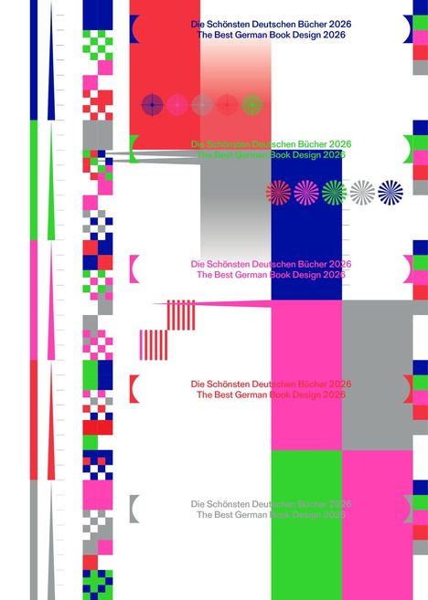 „Die Schönsten Deutschen Bücher 2026, The Best German Book Design 2026“. Bunte geometrische Formen in Reihen und Spalten.
