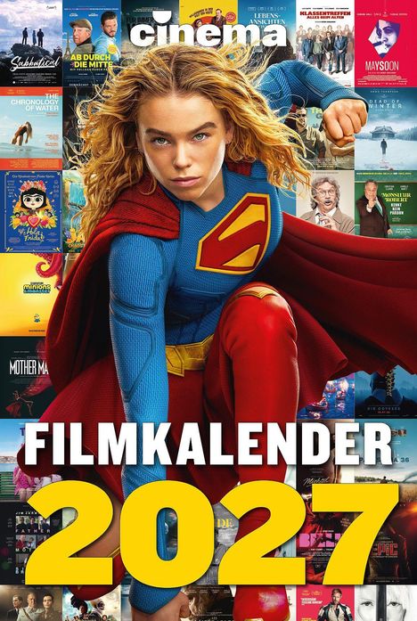 Text: "FILMKALENDER 2027" und "cinema". Eine Frau, die Superheldenkostüm trägt, umgeben von Filmplakaten.