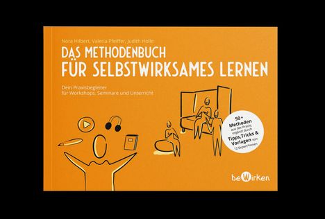 "Das Methodenbuch für selbstwirksames Lernen" in orange mit Icons von Figuren, Play-Button, Kopfhörer, Buch.