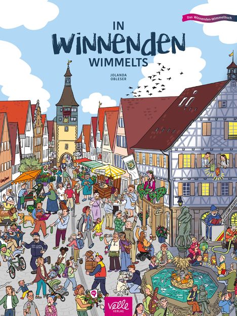 "IN WINNENDEN WIMMELTS" und "JOLANDA OBLESER" sind auf blauen Hintergrund. Menschen beleben einen bunten Marktplatz.
