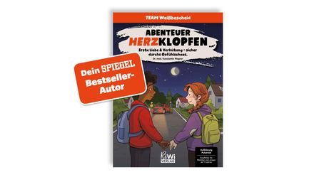 „Dein SPIEGEL Bestseller-Autor“ in einem roten Kasten. Illustration: Zwei Jugendliche halten Händchen unter sternenklarem Himmel.