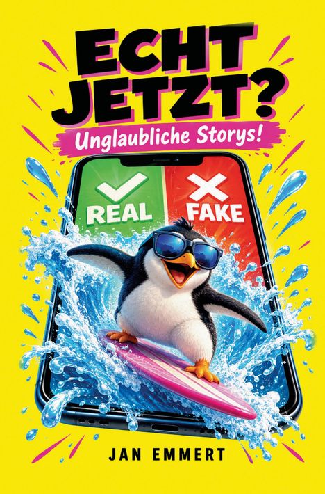 "ECHT JETZT? Unglaubliche Storys! REAL ✔ FAKE ✖ Jan Emmert." Ein fröhlicher Pinguin surft aus einem Smartphone heraus.