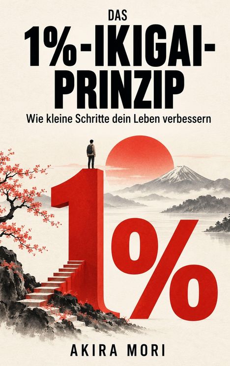 „Das 1%-Ikigai-Prinzip: Wie kleine Schritte dein Leben verbessern“. Ein Mann steht auf einer riesigen roten Zahl „1%“.