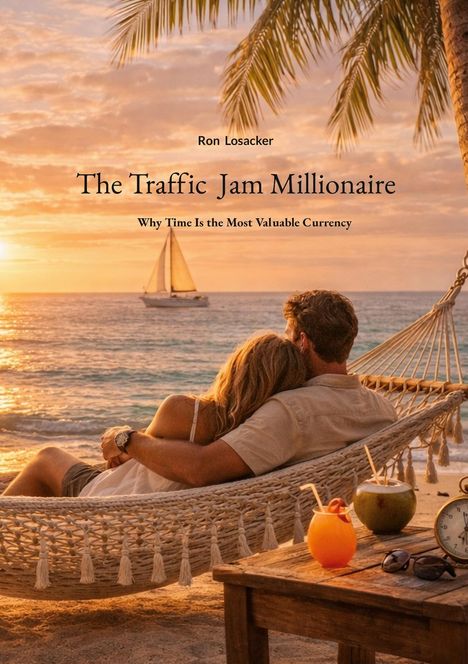 „Ron Losacker, The Traffic Jam Millionaire, Why Time Is the Most Valuable Currency.“ Paar in Hängematte, Sonnenuntergang, Meer.