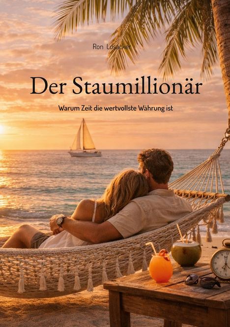 Text: "Ron Losacker - Der Staumillionär: Warum Zeit die wertvollste Währung ist." Paar in Hängematte am Strand bei Sonnenuntergang.