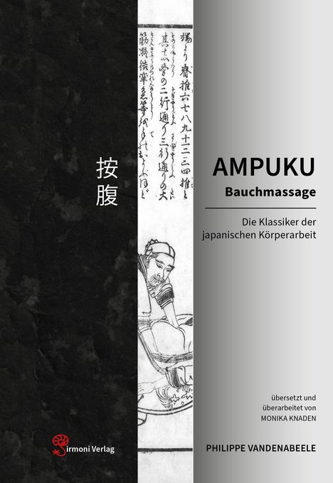 Text: "AMPUKU Bauchnassage - Die Klassiker der japanischen Körperarbeit". Illustration eines Mannes, der massiert.