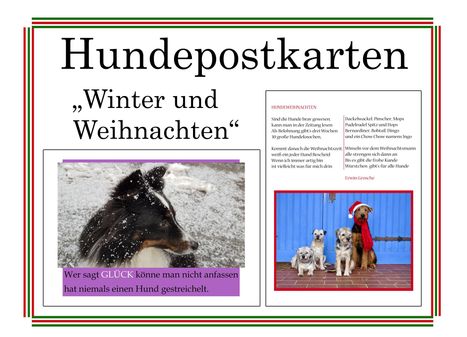 Hundepostkarten „Winter und Weihnachten“. Gedicht über Hunde an Weihnachten. Zwei Hunde in Schneeporträts.