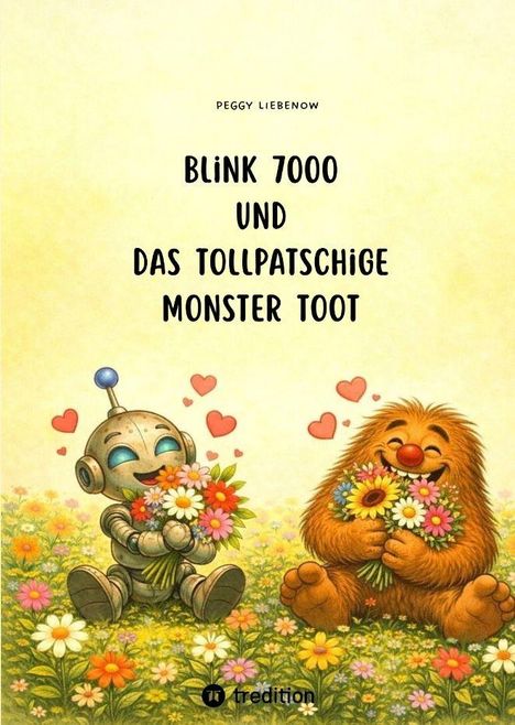 "Blink 7000 und das tollpatschige Monster Toot" von Peggy Liebenow. Illustration: Roboter und Monster mit Blumen.