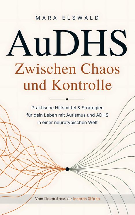 Text: „AuDHS: Zwischen Chaos und Kontrolle“. Untertitel über Autismus und ADHS. Grafik mit Linienmuster, zentrale Linie vereint sich.