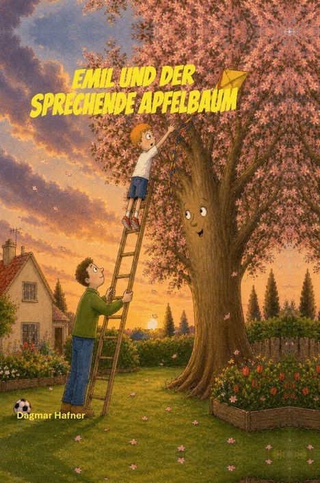 "EMIL UND DER SPRECHENDE APFELBAUM". Ein Junge auf einer Leiter, ein sprechender Baum, ein Mann hält die Leiter.
