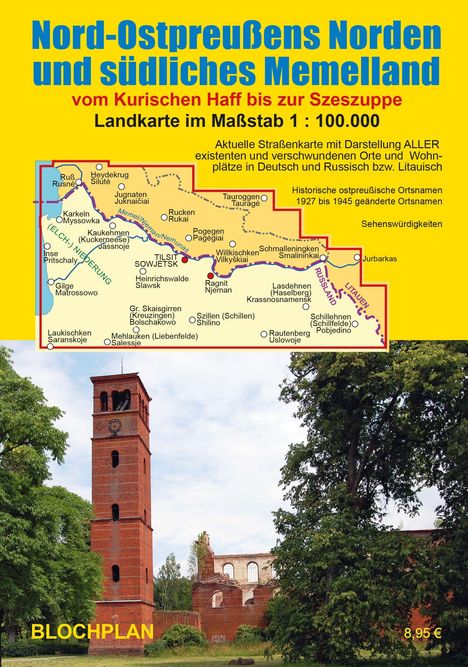 Titel in gelbem und blauem Text beschreibt eine Landkarte von Nord-Ostpreußens Norden und südlichem Memelland. Ein roter Backsteinturm steht vor Bäumen. Preis: 8,95 €.
