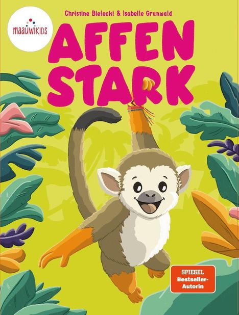"AFFEN STARK" in großen, pinken Buchstaben; darunter ein fröhlicher Affe in einem tropischen Umfeld mit grünen Blättern.
