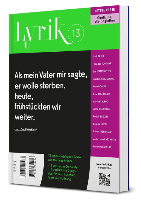 Cover von „Lyrik 13“. Zitat: „Als mein Vater mir sagte, er wolle sterben, heute, frühstückten wir weiter.“ Autorenliste daneben.