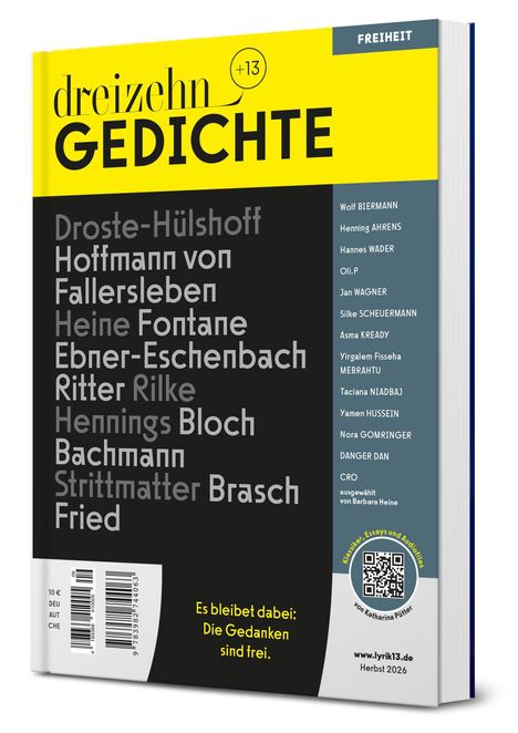 Buchtitel: "dreizehn GEDICHTE". Autorenliste, Zitat: "Die Gedanken sind frei". QR-Code, Webseite: lyrik13.de.