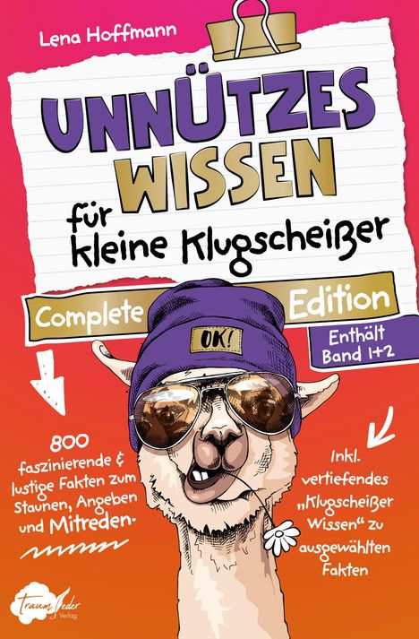 "UNNÜTZES WISSEN für kleine Klugscheißer" in kraftvollen Farben, mit cooler Lama-Illustration in Mütze und Sonnenbrille.