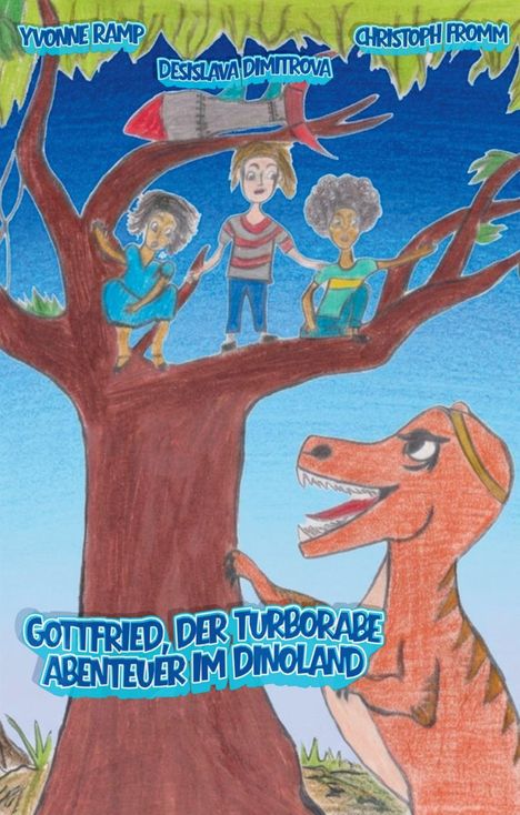 Text: "Gottfried, der Turborabe - Abenteuer im Dinoland". 

Illustration: Kinder auf einem Baum, vor einem Dinosaurier und einer Rakete im Hintergrund.
