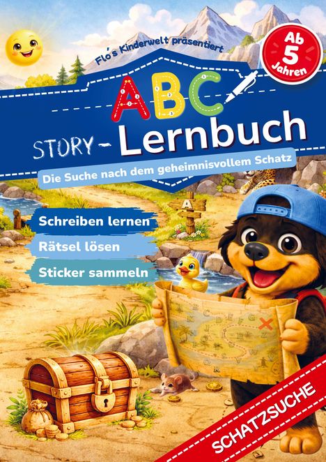 ABC Lernbuch, Die Suche nach dem geheimnisvollem Schatz, Ab 5 Jahren, Schreiben lernen, Rätsel lösen, Sticker sammeln. Ein fröhlicher Hund hält eine Schatzkarte, im Hintergrund eine Schatztruhe und Landschaft mit Fluss und Bergen.