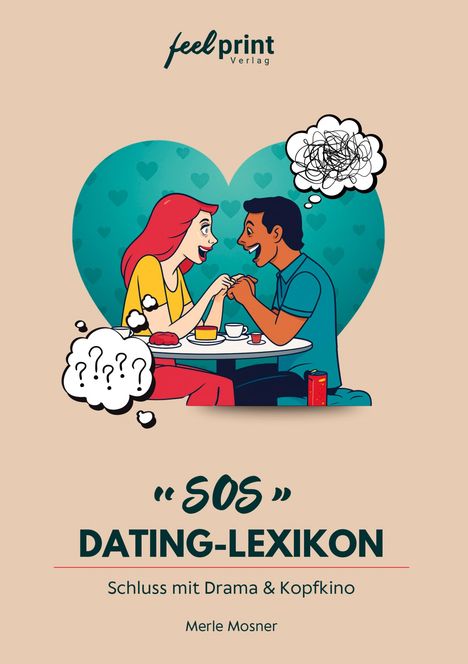 „SOS“ Dating-Lexikon: Schluss mit Drama & Kopfkino. Illustration: Paar am Tisch, Gedankenblasen mit Fragezeichen.