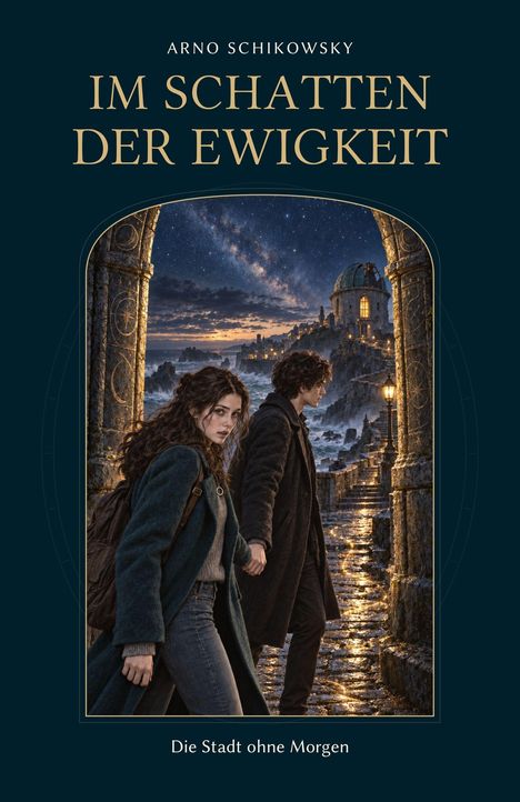 "Im Schatten der Ewigkeit" von Arno Schikowsky. Zwei Personen gehen einen alten, steinernen Weg entlang mit einer Stadt im Hintergrund.