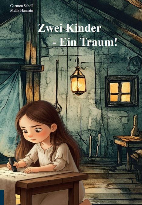 Texte: "Zwei Kinder - Ein Traum!", "Carmen Schöll", "Malik Hasnain". Illustration: Mädchen schreibt an einem Holztisch. Raum rustikal.