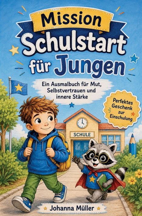Text: "Mission Schulstart für Jungen", "Ein Ausmalbuch für Mut, Selbstvertrauen und innere Stärke", "Johanna Müller". Ein Junge und ein Waschbär stehen vor einer Schule, halten riesige Stifte.
