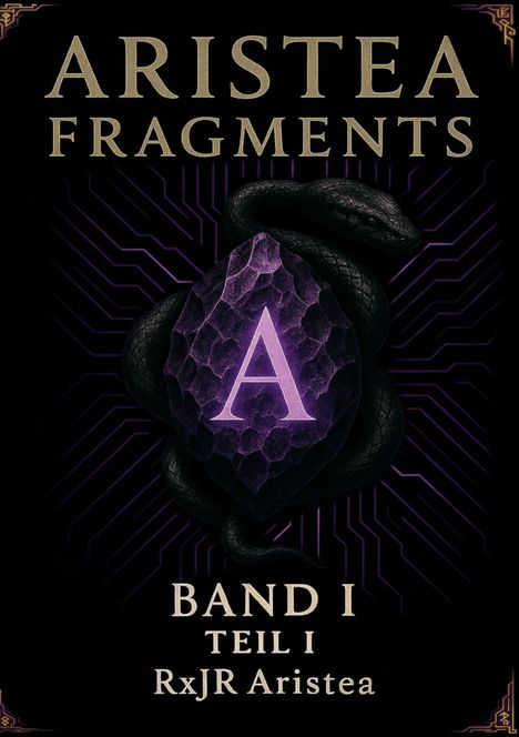 Text: "ARISTEA FRAGMENTS, BAND I, TEIL I, RxJR Aristea." Illustration zeigt eine Schlange, die einen lilafarbenen Edelstein umwickelt.