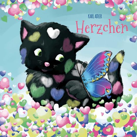 Text: „Karl Adler, Herzchen“. Illustration: Schwarze Katze mit bunten Herzen, großer Schmetterling, bunte Herzen im Hintergrund.