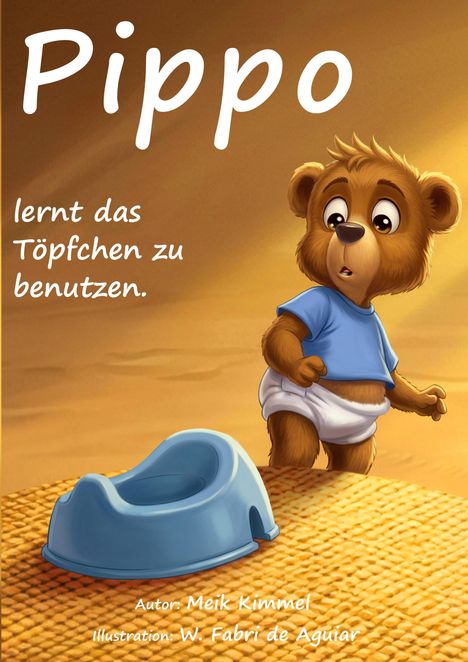 „Pippo lernt das Töpfchen zu benutzen.“ Ein niedlicher Bär schaut ein blaues Töpfchen an, trägt T-Shirt und Windel. Illustration.