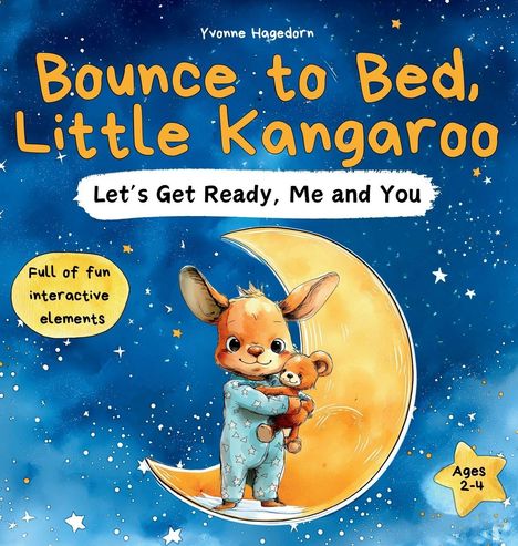 "Bounce to Bed, Little Kangaroo" und "Let's Get Ready, Me and You". Ein Känguru hätschelt einen Teddybär auf einer Mondsichel.