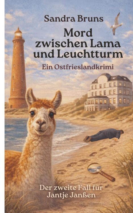 „Mord zwischen Lama und Leuchtturm“ steht auf einem Cover. Ein Lama am Strand, ein Leuchtturm und eine liegende Person.