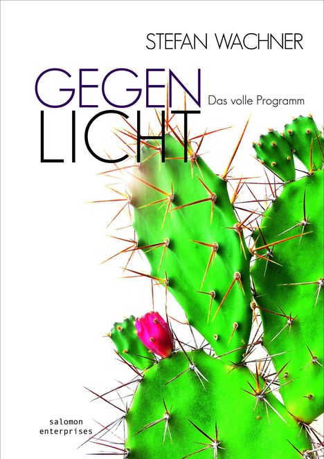 „Stefan Wachner", „Gegenlicht", „Das volle Programm“. Illustration eines grünen Kaktus mit rosa Blüte.