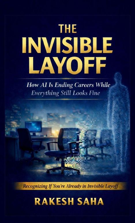 "The Invisible Layoff" von Rakesh Saha; Thema: AI bedroht Karrieren. Bild: Unsichtbare Figur und Bürostühle.