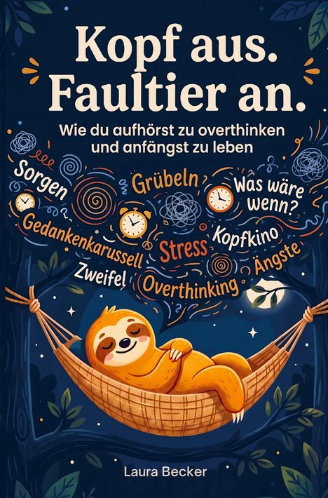 Buchtitel und Autor: "Kopf aus. Faultier an." von Laura Becker. Ein Faultier liegt entspannt in einer Hängematte.