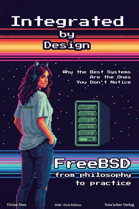 "Integrated by Design", "Why the Best Systems Are the Ones You Don't Notice", "FreeBSD from philosophy to practice". Illustration: Frau mit Katzenohren, Server.