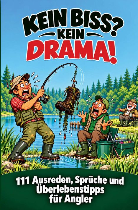 "KEIN BISS? KEIN DRAMA! 111 Ausreden, Sprüche und Überlebenstipps für Angler" zeigt einen Angler, der einen Stiefel aus dem Wasser zieht.