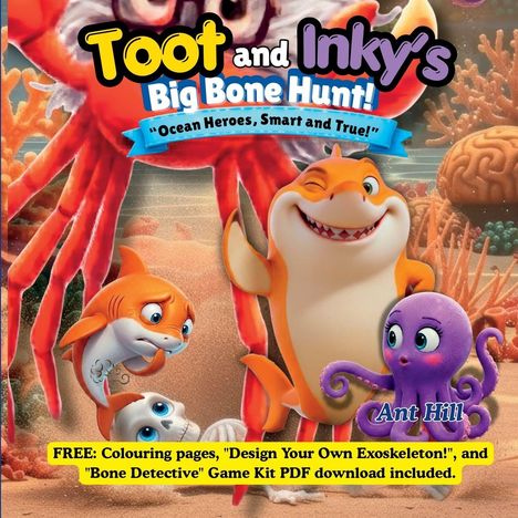 "Toot and Inky's Big Bone Hunt!" und "Ocean Heroes, Smart and True!" Ein gelber Hai, ein lila Oktopus und ein oranger Fisch.