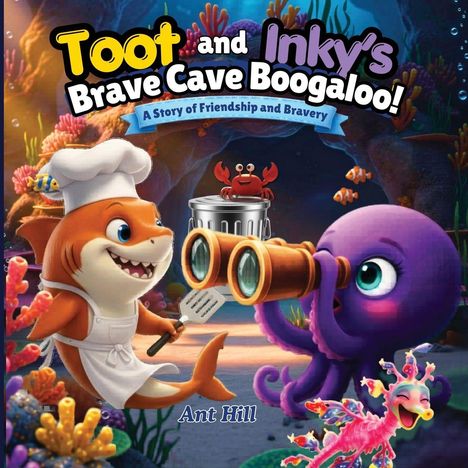 "Toot and Inky's Brave Cave Boogaloo! A Story of Friendship and Bravery" steht oben. Ein fröhlicher Hai und ein Oktopus.