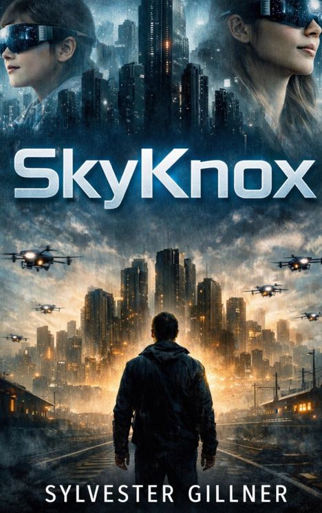 Text: "SkyKnox", "SYLVESTER GILLNER". Science-Fiction-Szene mit futuristischer Stadt, Drohnen und einer Person von hinten.