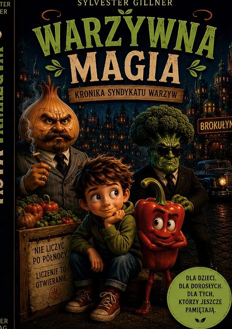 "Warzywna Magia", "Kronika Syndykatu Warzyw". Ein Junge sitzt neben einer anthropomorphen Paprika, begleitet von Gemüsefiguren.