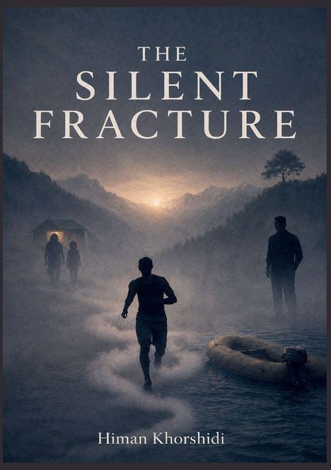 "The Silent Fracture, Himan Khorshidi. Menschen und ein Schlauchboot in nebeliger Landschaft vor Bergkulisse."