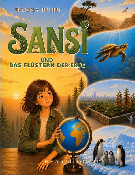 „SANSI UND DAS FLÜSTERN DER ERDE“. Ein Mädchen mit Globus, Landschaften, Schildkröte, Pinguine auf Eis.