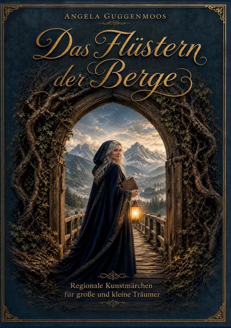 Buchtitel: "Das Flüstern der Berge". Eine Frau in einem Umhang hält eine Laterne, steht vor majestätischen Bergen.