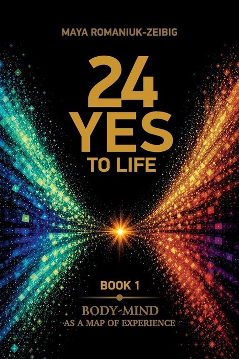 "24 Yes to Life" in goldener Schrift, flankiert von farbigen, funkelnden Partikeln. Autor: Maya Romaniuk-Zeibig.