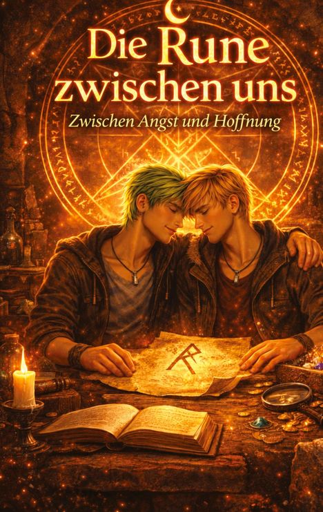 Text: "Die Rune zwischen uns. Zwischen Angst und Hoffnung." Zwei junge Männer an einem Tisch mit alten Gegenständen.