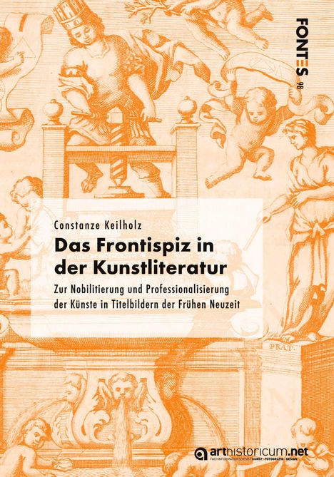 Text: "Das Frontispiz in der Kunstliteratur." Historische Illustration antiker Figuren und Dekorationen.